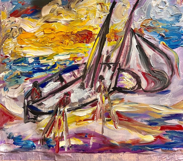 LA PESCA DELLE ACCIUGHE – colori acrilici su carta – cm 35 x 36 – bozzetto