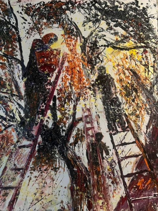 LA RACCOLTA DELLE OLIVE – materico olio su tavola – cm 125×90