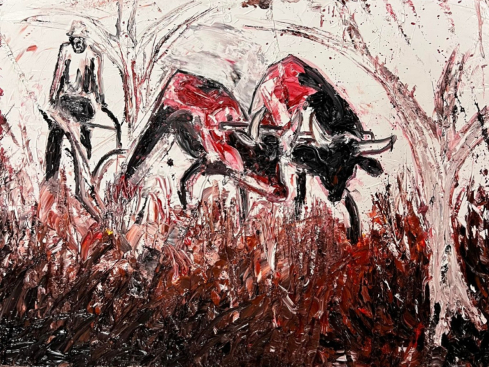 UNA GIORNATA NEI CAMPI DELLA PIANA – materico a olio – cm 125×90